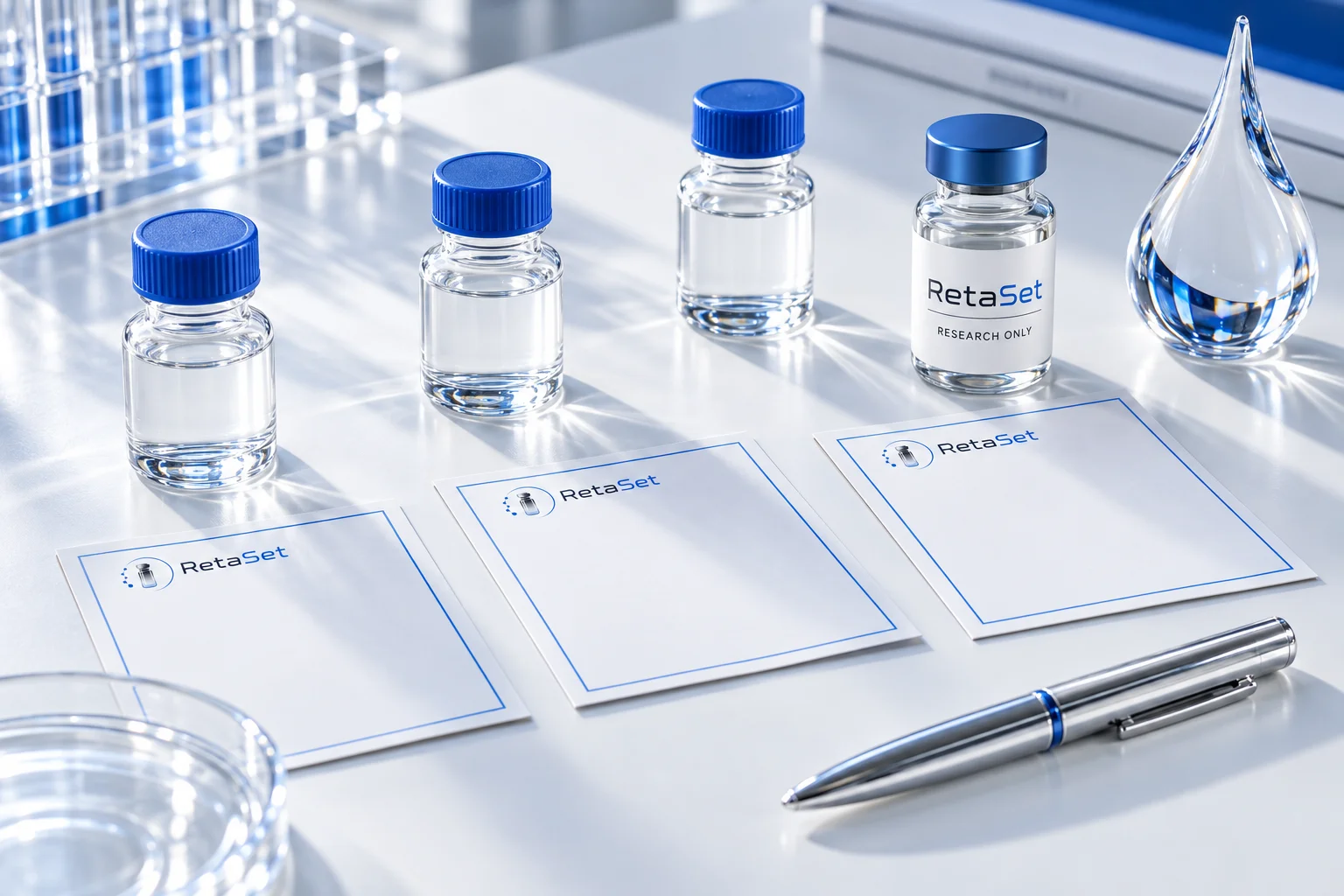 RetaSet research vial beside separate glass sample vessels and blank report cards on a blue and white desk