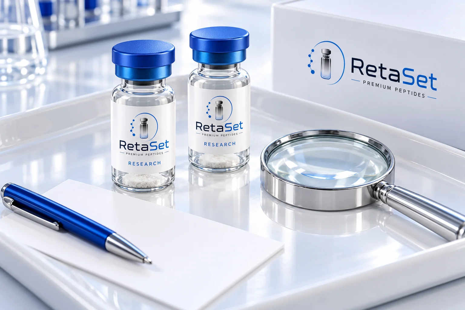 Conceptual RetaSet laboratory still life with two sealed blue-capped powder vials, a magnifying glass and blank inspection card
