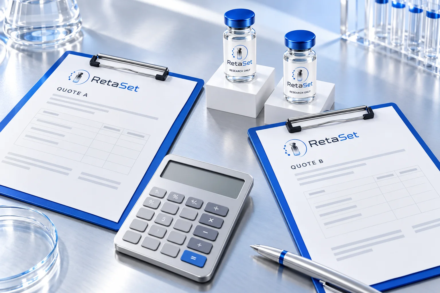 Two quotation templates with no prices, a calculator and separate RetaSet research vials on a white and blue desk