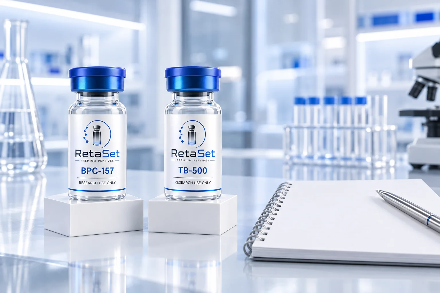 Separate RetaSet BPC-157 and TB-500 research vials on white platforms beside a blank comparison notebook