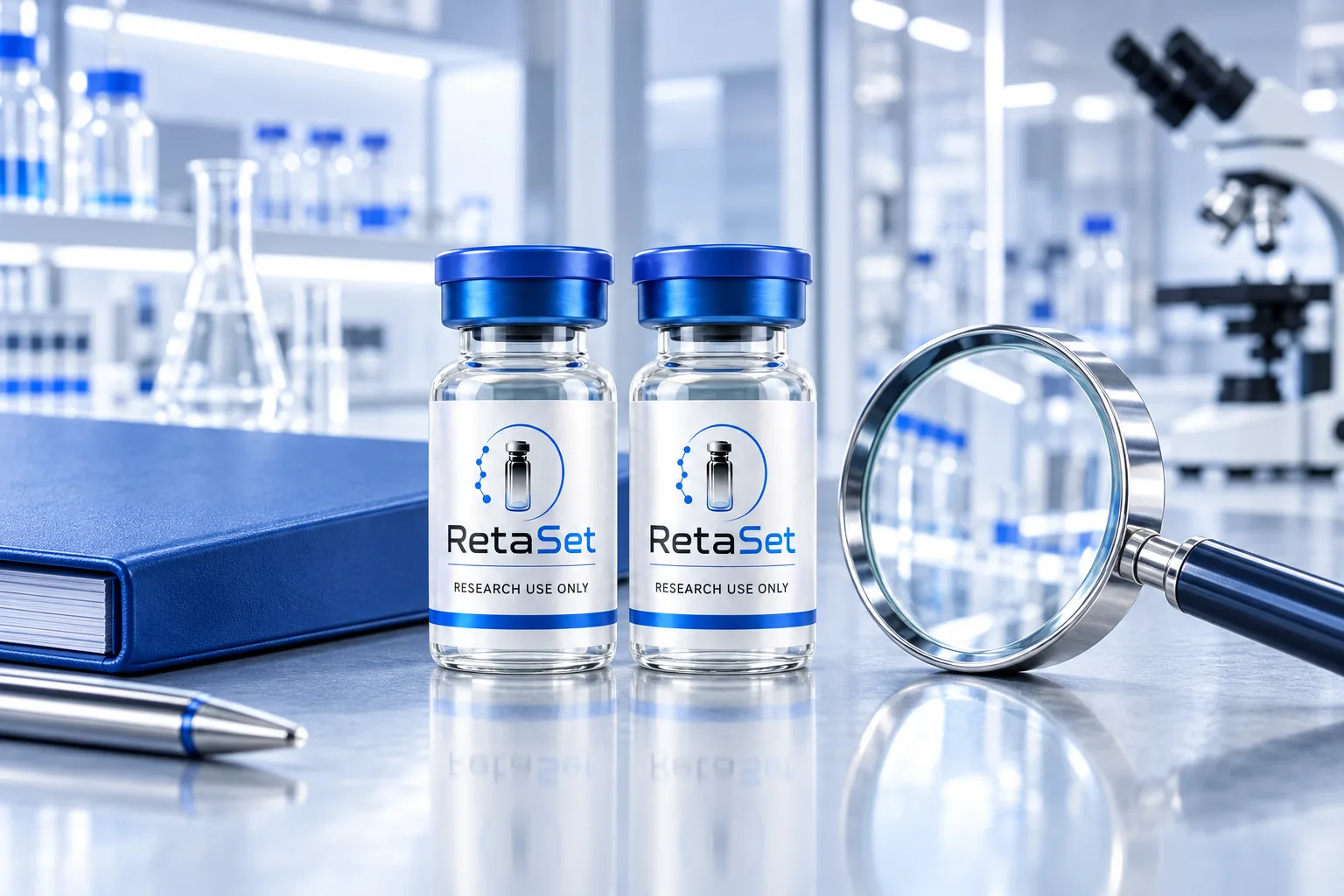 RetaSet sample vials beside a magnifying glass and blue technical folder