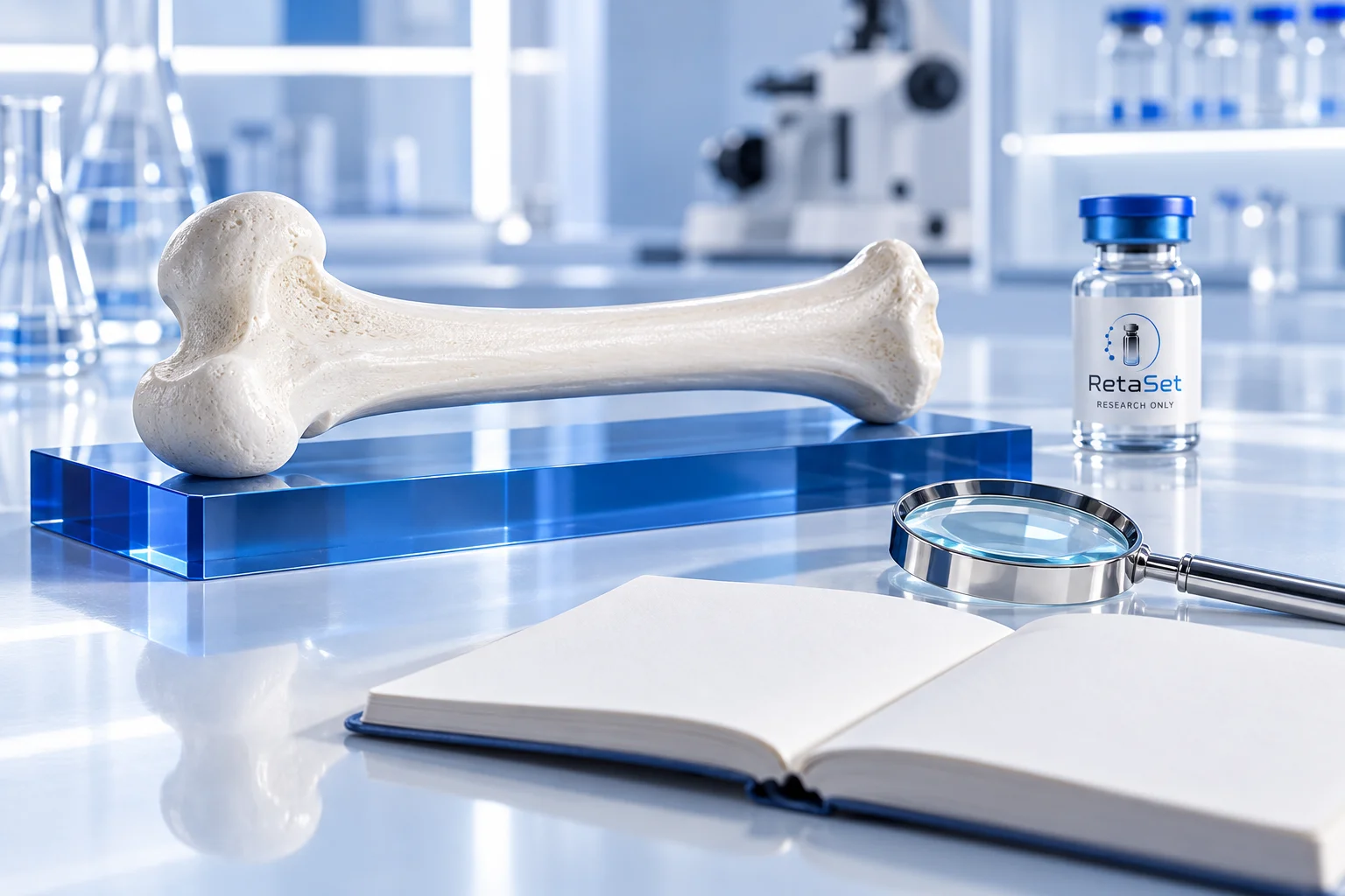 White femur teaching model on a blue glass plinth beside a magnifying glass, notebook and RetaSet research vial