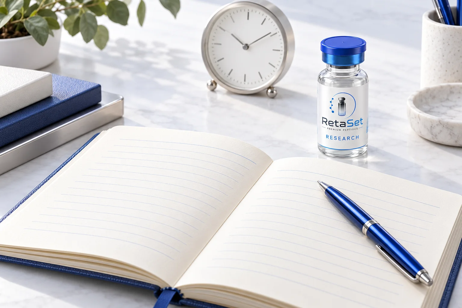 Blue and white editorial study desk with a blank diary, neutral clock and RetaSet research vial