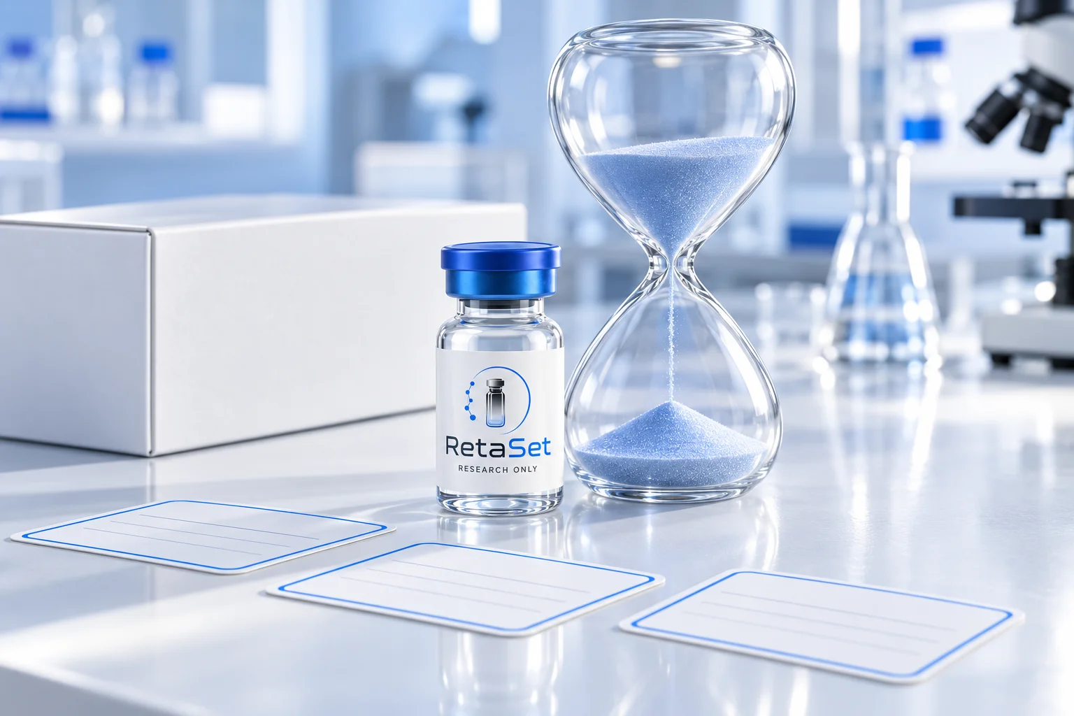 RetaSet research vial beside a clear hourglass and separate blank storage-record cards in a blue and white setting
