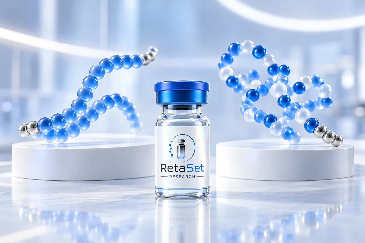 Two conceptual peptide sculptures on separate platforms behind a RetaSet research vial