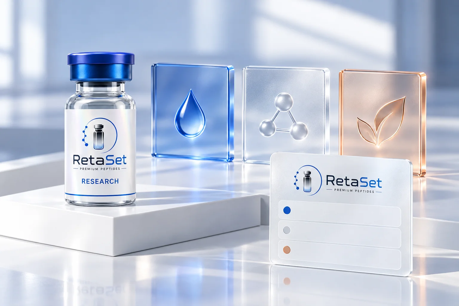 RetaSet research vial beside three translucent component tiles and a blank three-row specification card