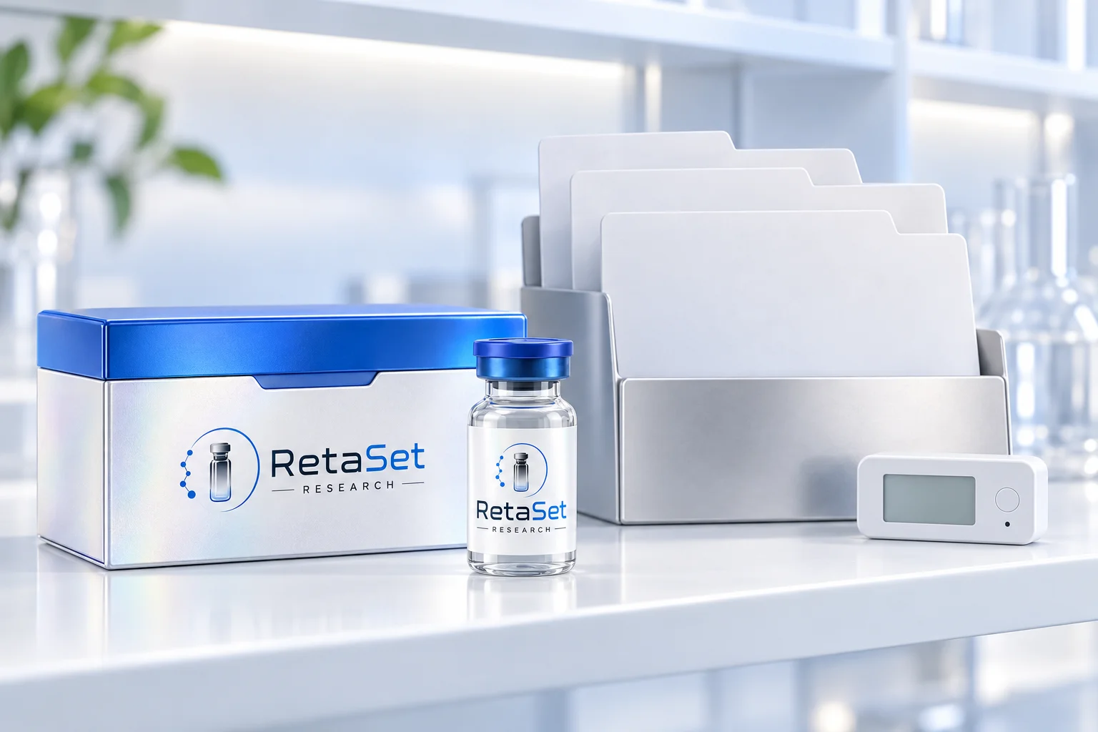 RetaSet research storage box and sealed vial beside blank document tabs and a temperature logger