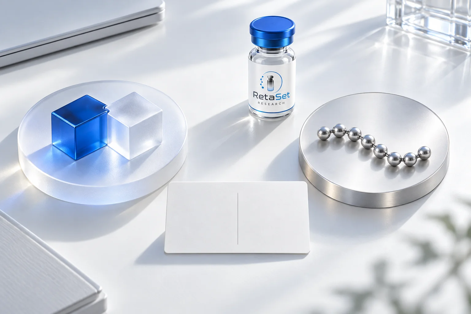 Two abstract category models on separate trays beside a RetaSet research vial and blank comparison card