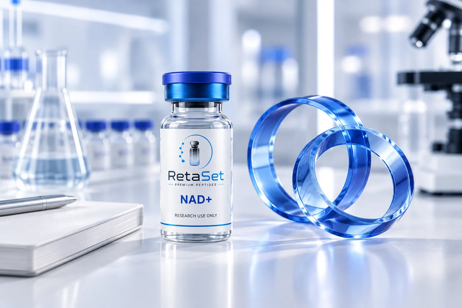 RetaSet NAD+ research vial beside two abstract blue glass rings and a notebook