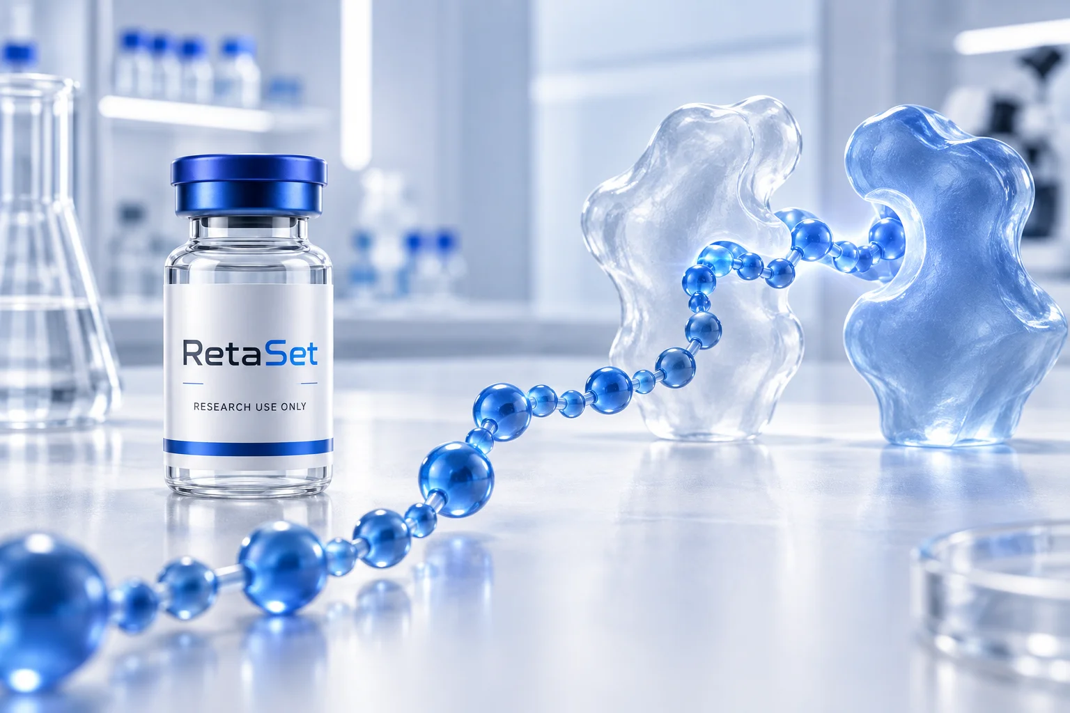 Abstract blue peptide chain and two glass receptor forms on a white laboratory surface with a RetaSet research vial