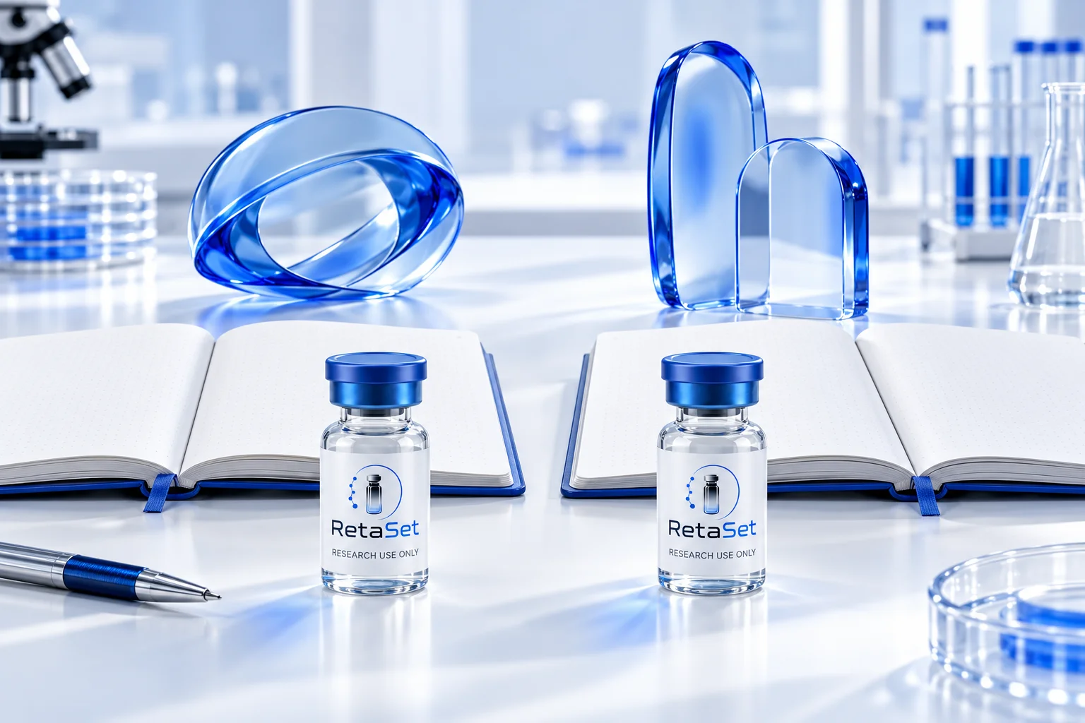 Two blank research notebooks with distinct abstract blue glass forms and RetaSet research vials