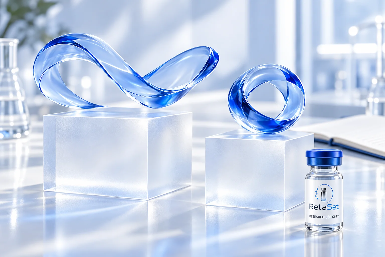 Abstract open blue glass ribbon and closed loop beside a RetaSet research vial on separate white plinths