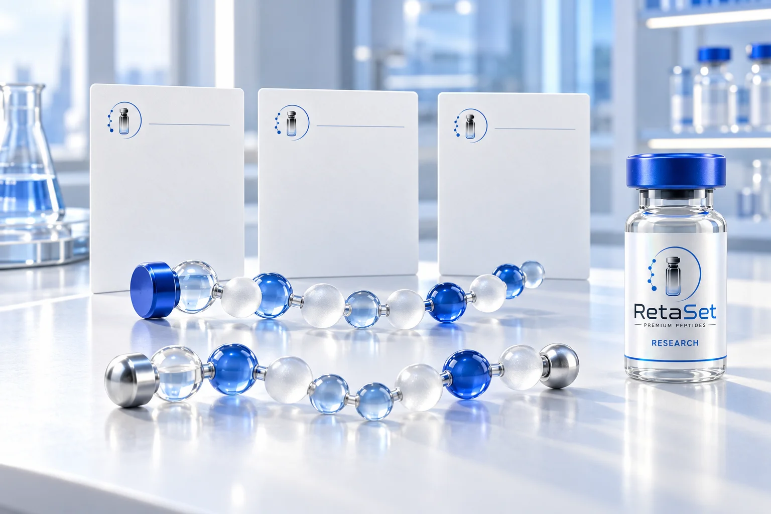 Two conceptual blue peptide sculptures with different endcaps beside blank document cards and a RetaSet research vial