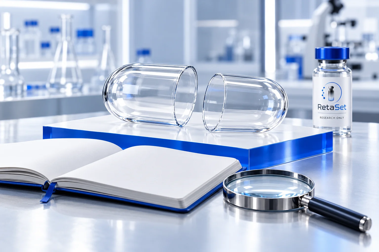 Empty glass capsule sculpture beside a blank notebook and a separate RetaSet research vial in a blue and white setting