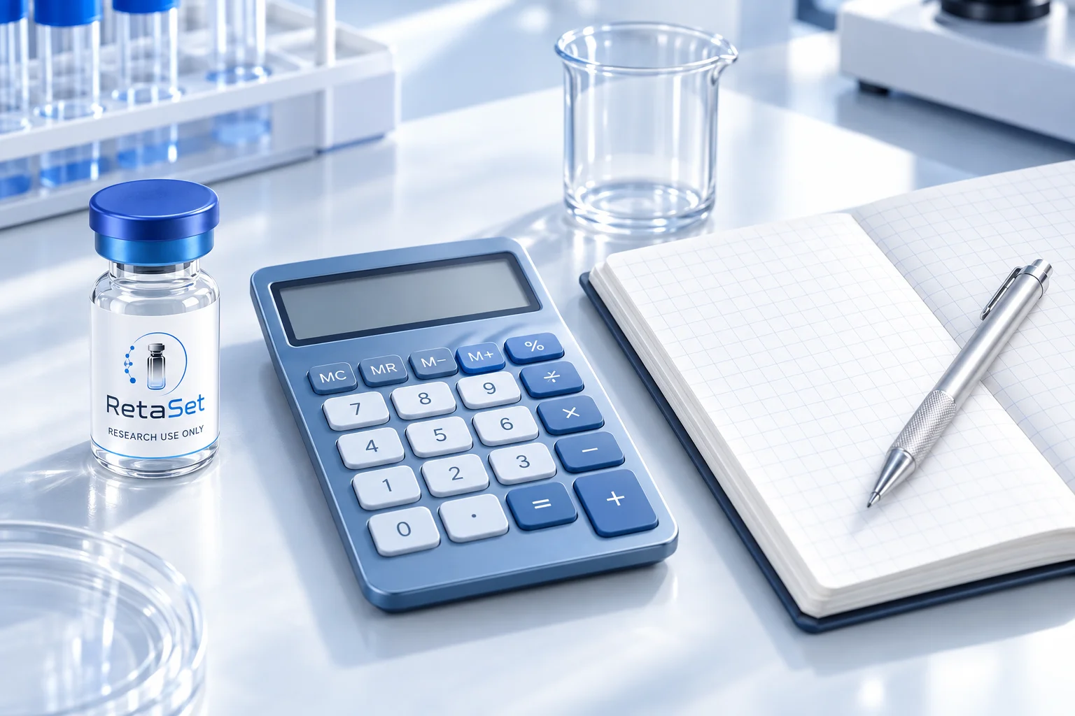 RetaSet research vial beside a blue calculator and blank laboratory notebook on a white desk