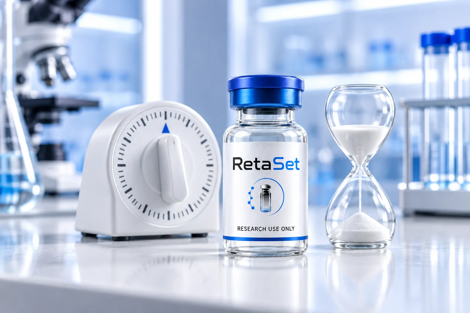 RetaSet research vial beside a laboratory timer and glass hourglass