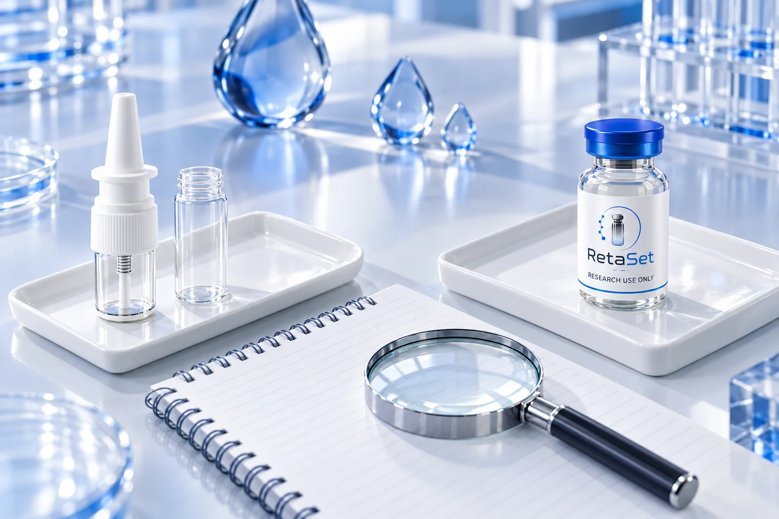 Unbranded nasal-spray component separated from a RetaSet research vial and abstract glass droplets on a blue and white desk