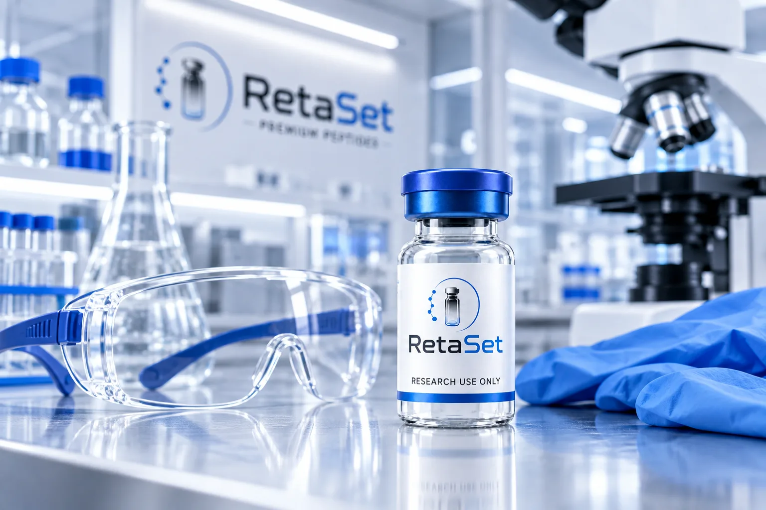 RetaSet vial beside laboratory protective goggles and blue gloves