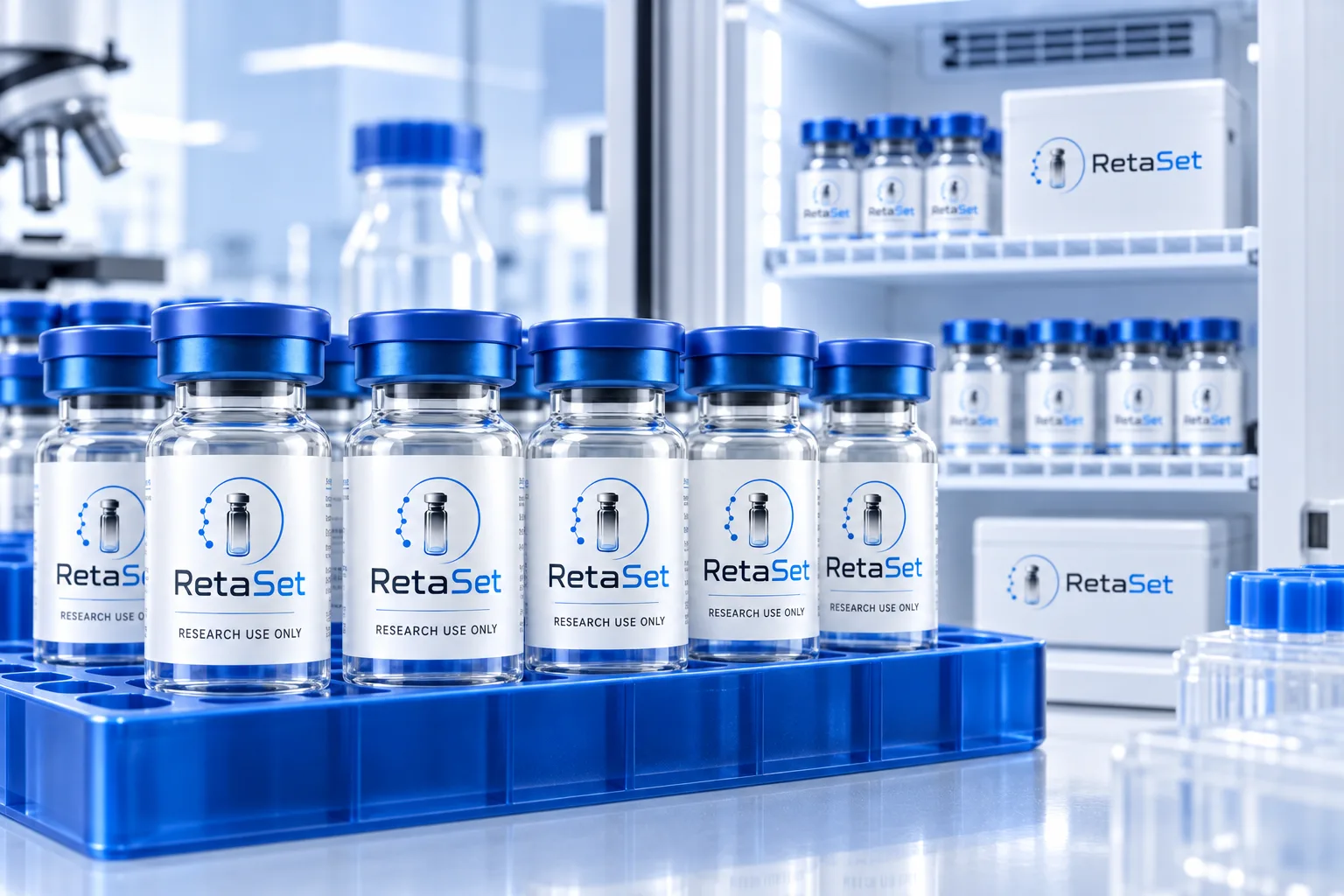 RetaSet research vials organized in a blue rack beside laboratory cold storage