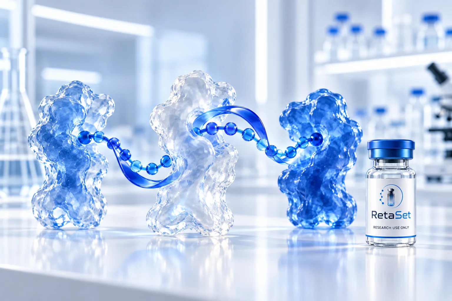 Conceptual blue peptide ribbon beside three glass receptor forms in RetaSet’s blue and white style