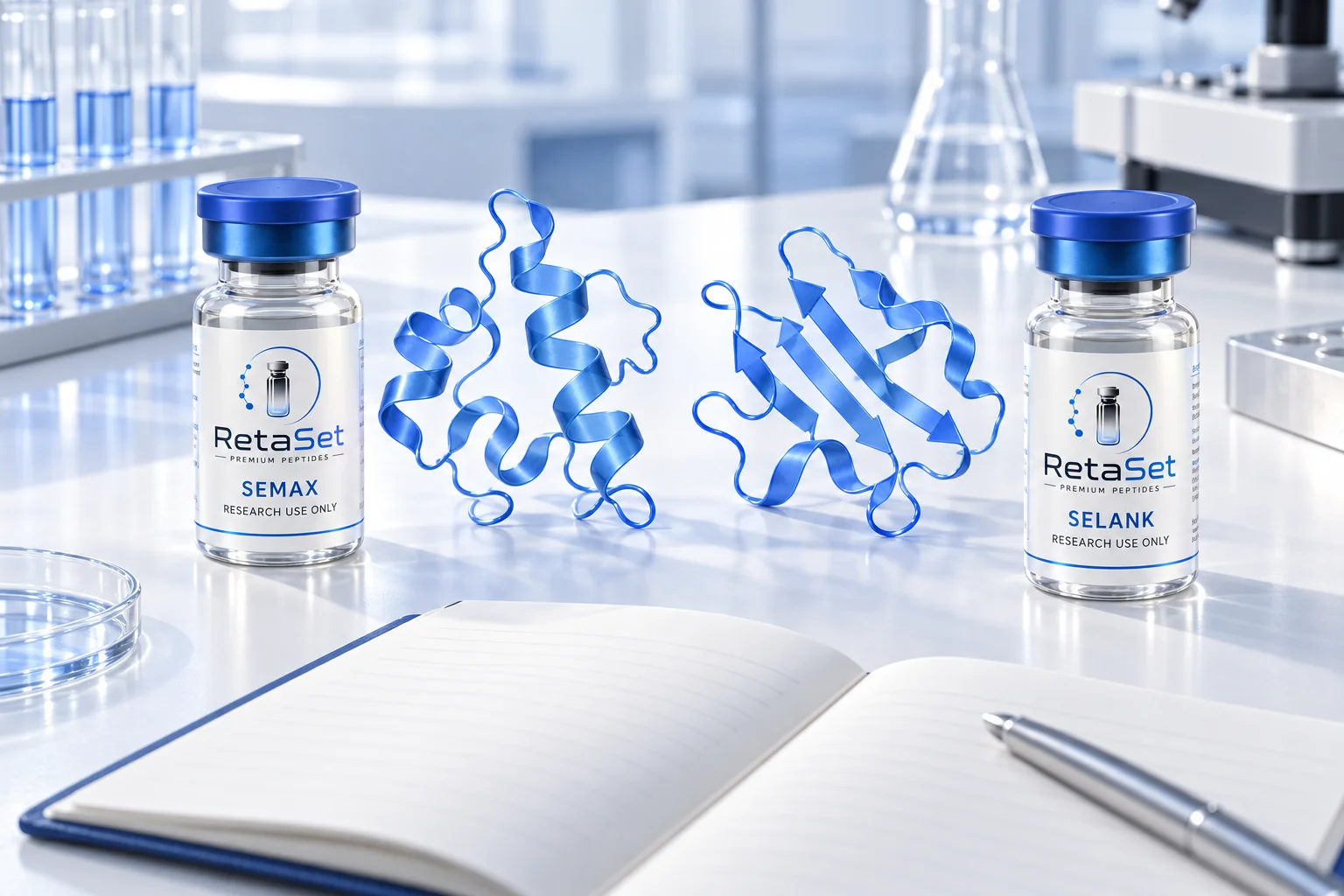 Separate RetaSet Semax and Selank research vials with abstract blue peptide ribbons and a blank notebook