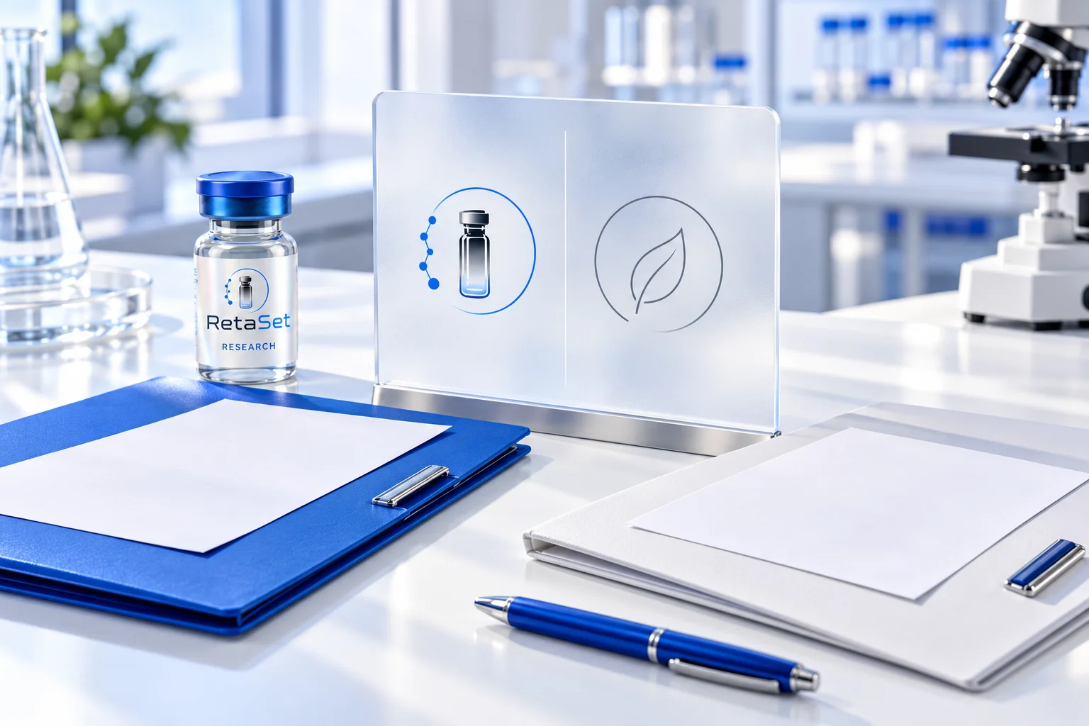RetaSet research vial with two separate blank evidence folders and a frosted comparison panel on a white desk