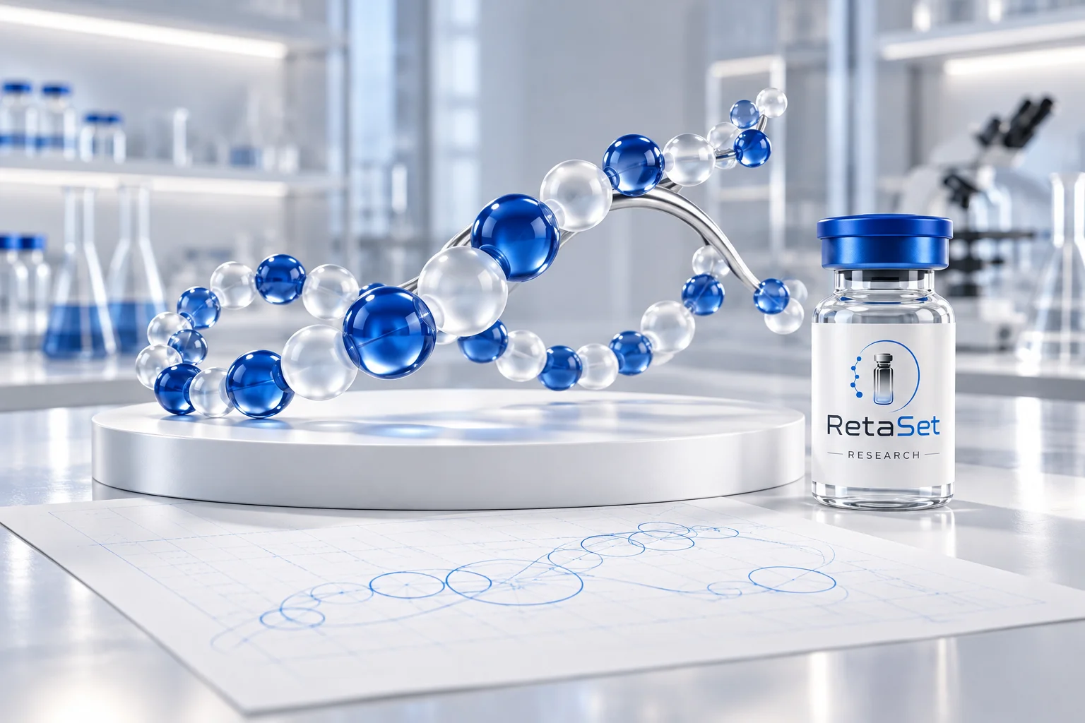 Conceptual blue and frosted bead sculpture with a silver branch beside a RetaSet research vial