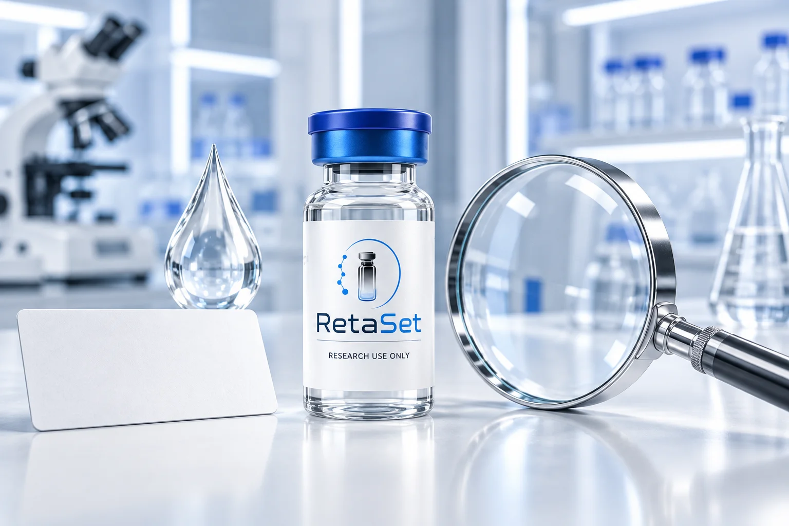 Blue-capped RetaSet research vial beside a magnifying lens and glass water-drop sculpture
