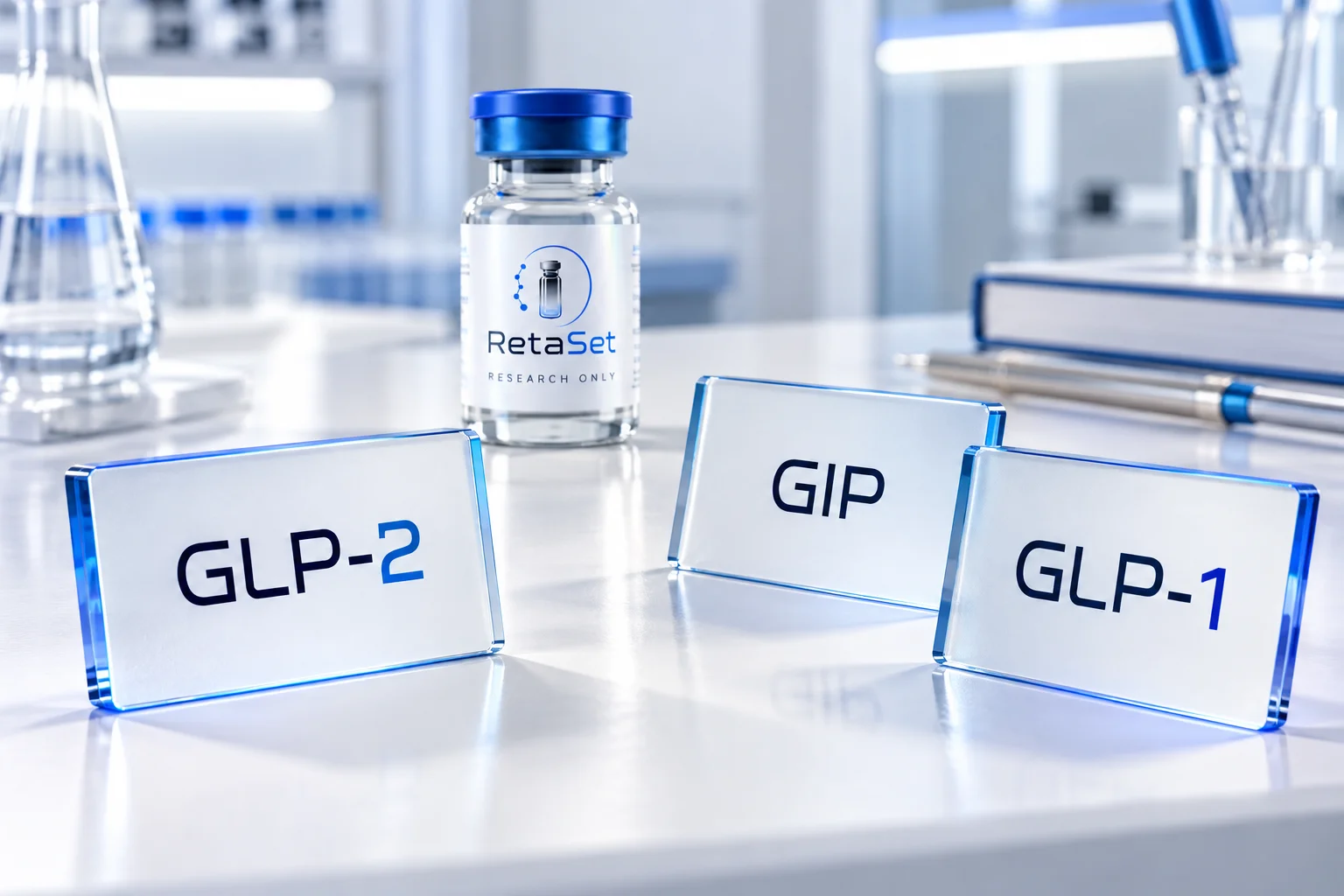 Glass cards labeled GLP-2, GIP and GLP-1 beside a RetaSet research vial on a white and blue desk